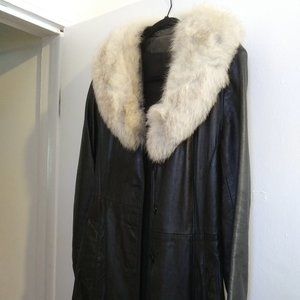 Vintage Genuine Leather Trench Coat with Silver Fox Trim